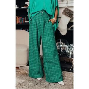 Flying Tomato Kelly Green Tweed Shimmer Wide Leg High Rise Preppy Pants S